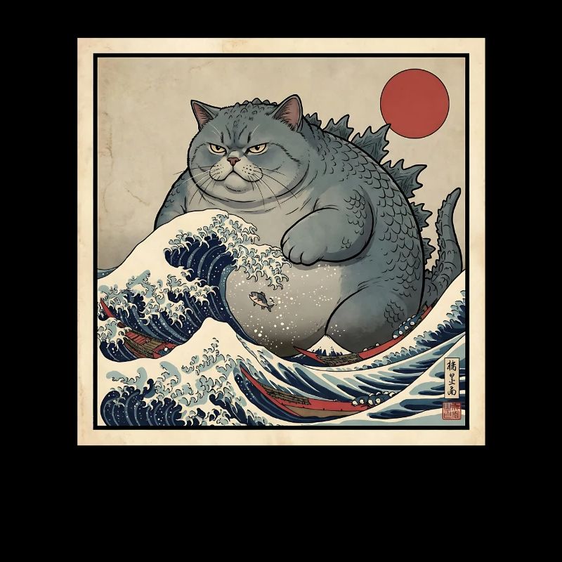 Monstre chat kaiju dans la mer de vagues japonaise