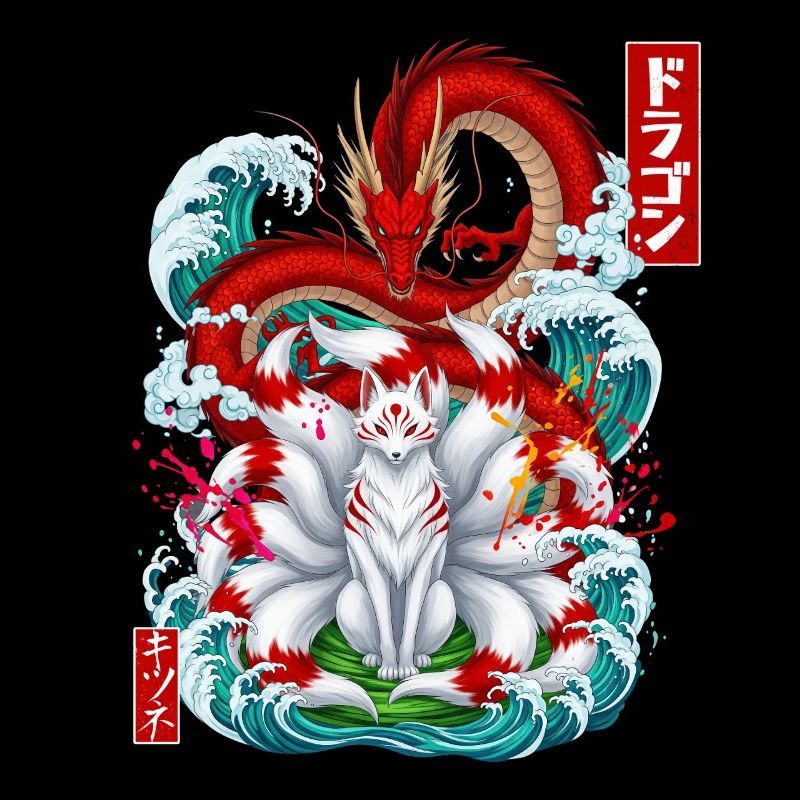 Japanese Dragon Kitsune Nine Tailed Fox Great Wave