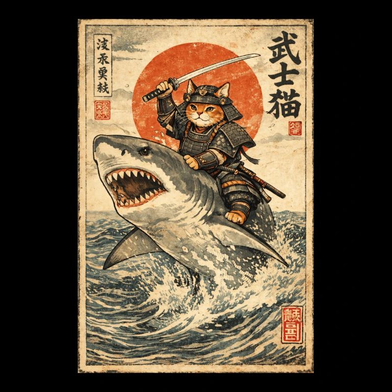 Chat samouraï, guerrier et combattant japonais, requin