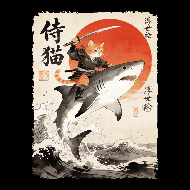 Chat samouraï, guerrier et combattant japonais, requin