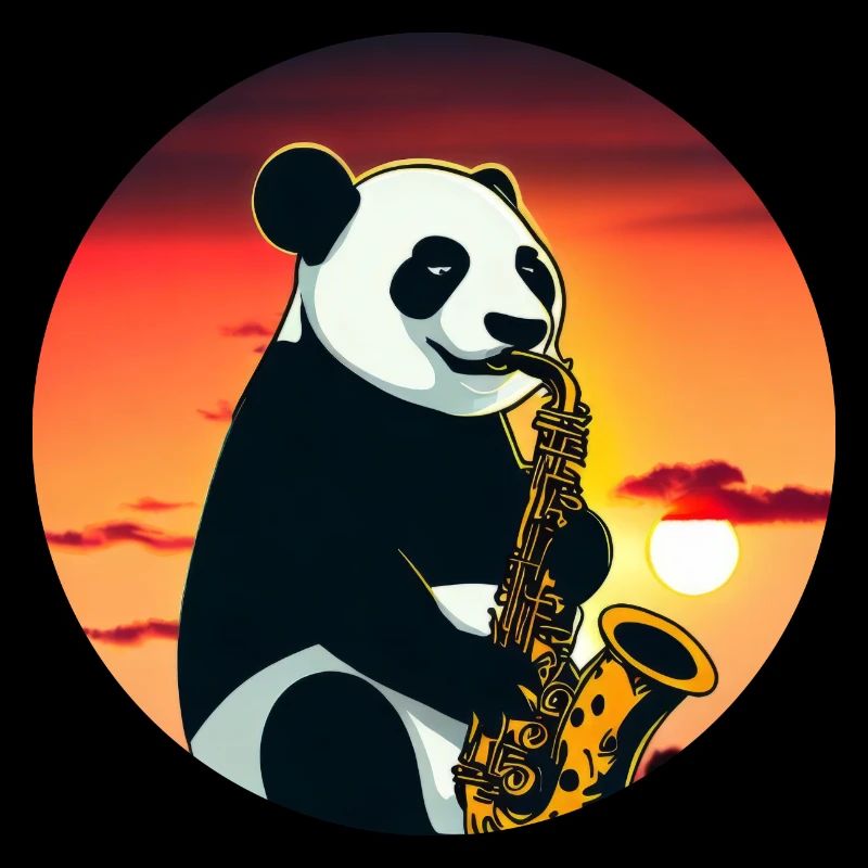 Panda mignon jouant du saxophone au coucher du soleil