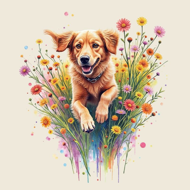 Dog playing in flowers