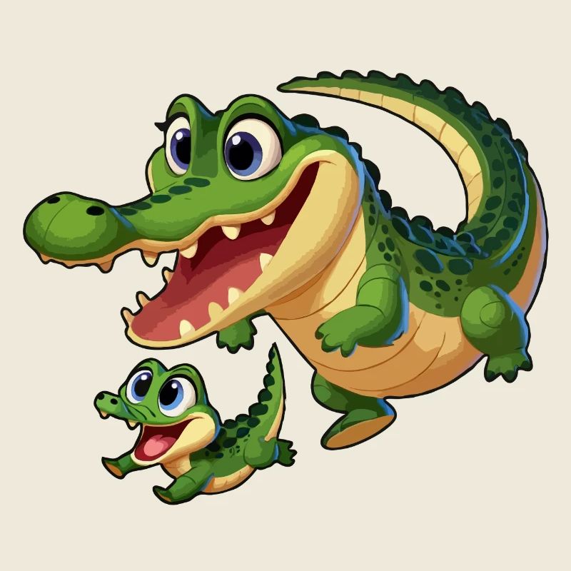 Crocodile mère et enfant gambadant