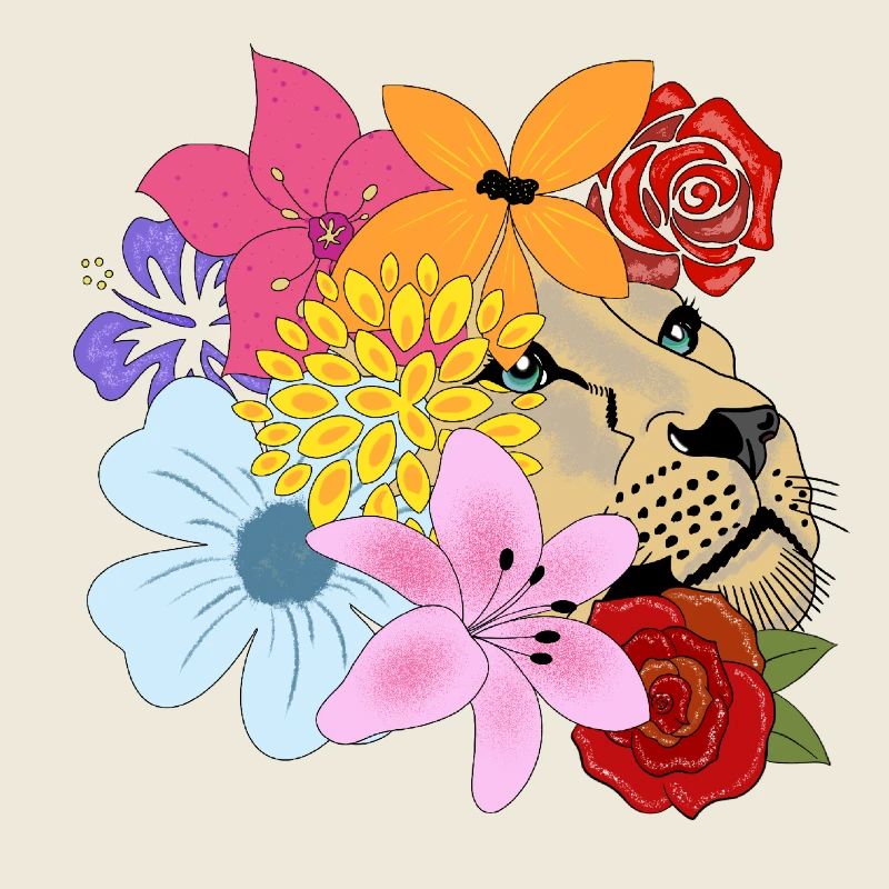 Löwin mit Blumen