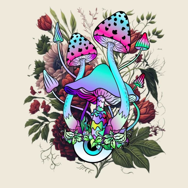 Champignon psychédélique avec œil et fleurs