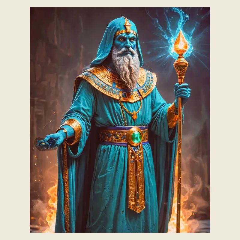 Ptah, blue-skinned god, holding a scepter