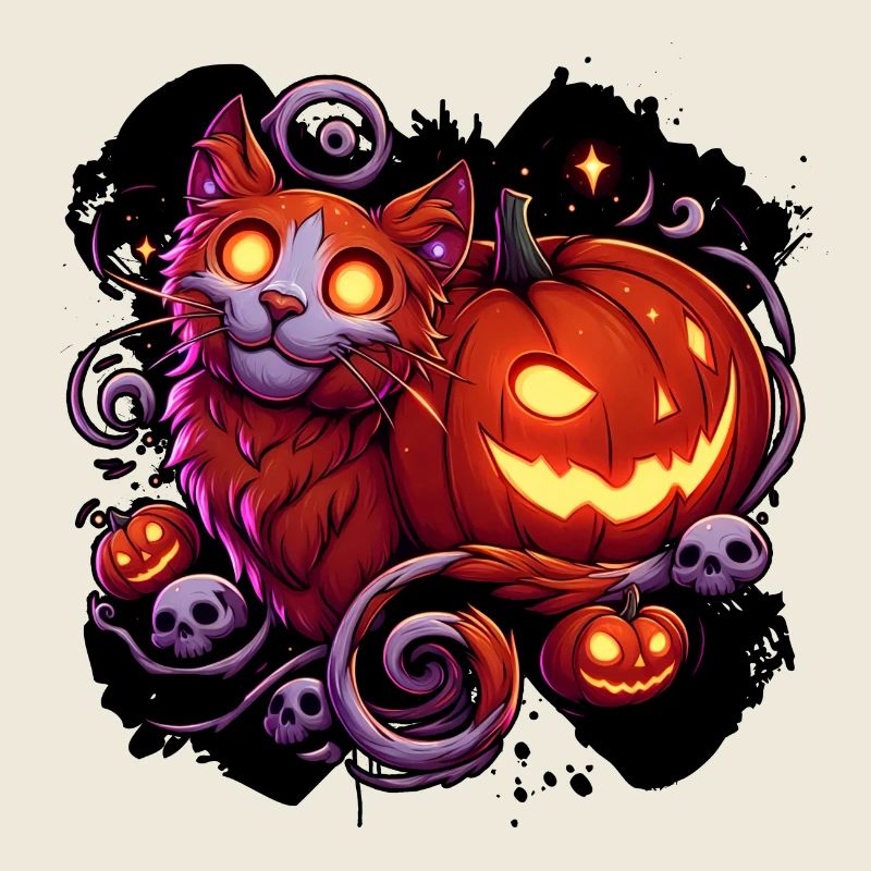 Mystical Cat & Glowing Pumpkins