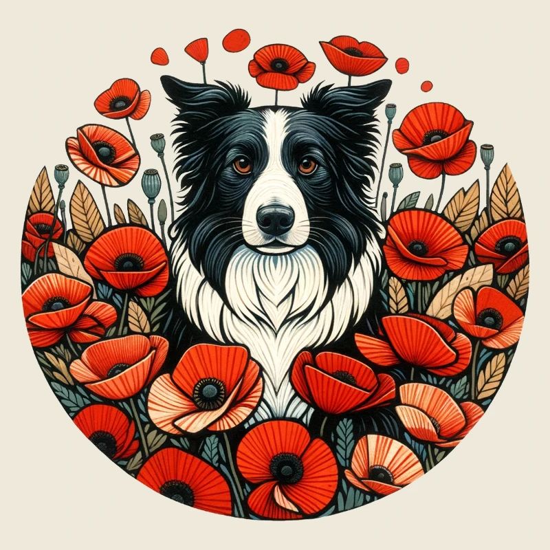 Vintage Border Collie Fleurs de coquelicot