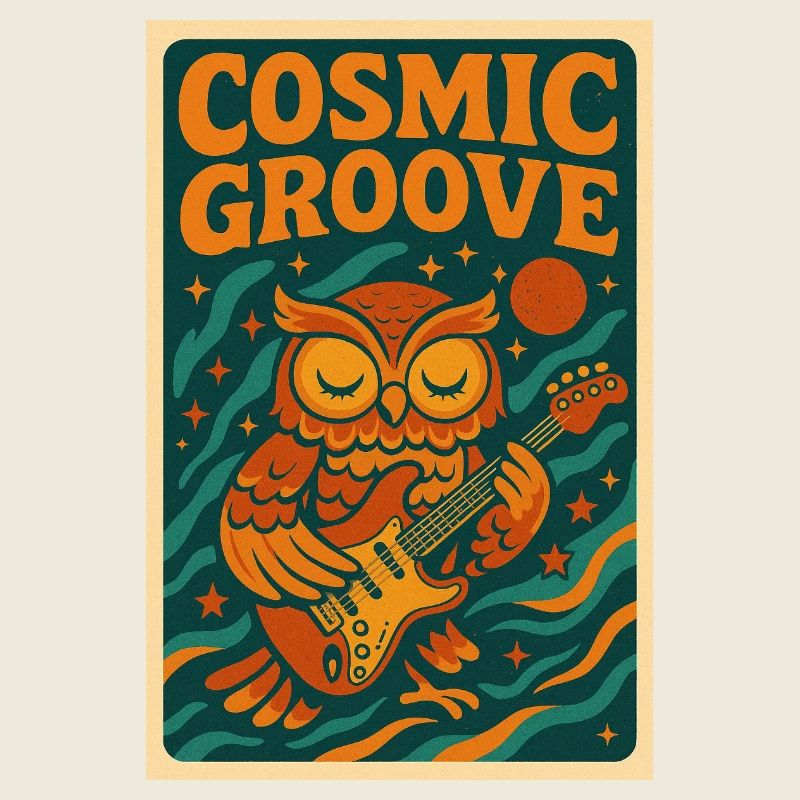 Psychedelisches Retro-Design mit Eule und Gitarre