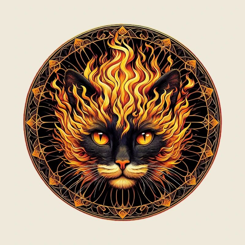 Mystical Fire Cat Mandala Design