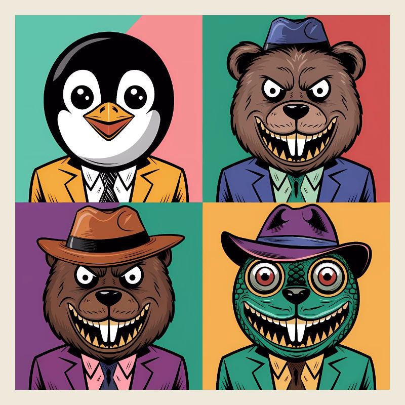 Pop Art Cool pingouin Ours Castor Salamandre Coloré