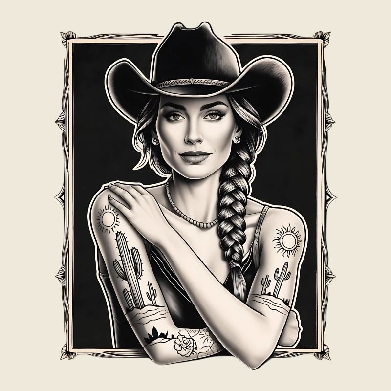 Frau mit Cowboyhut mit Tattoos