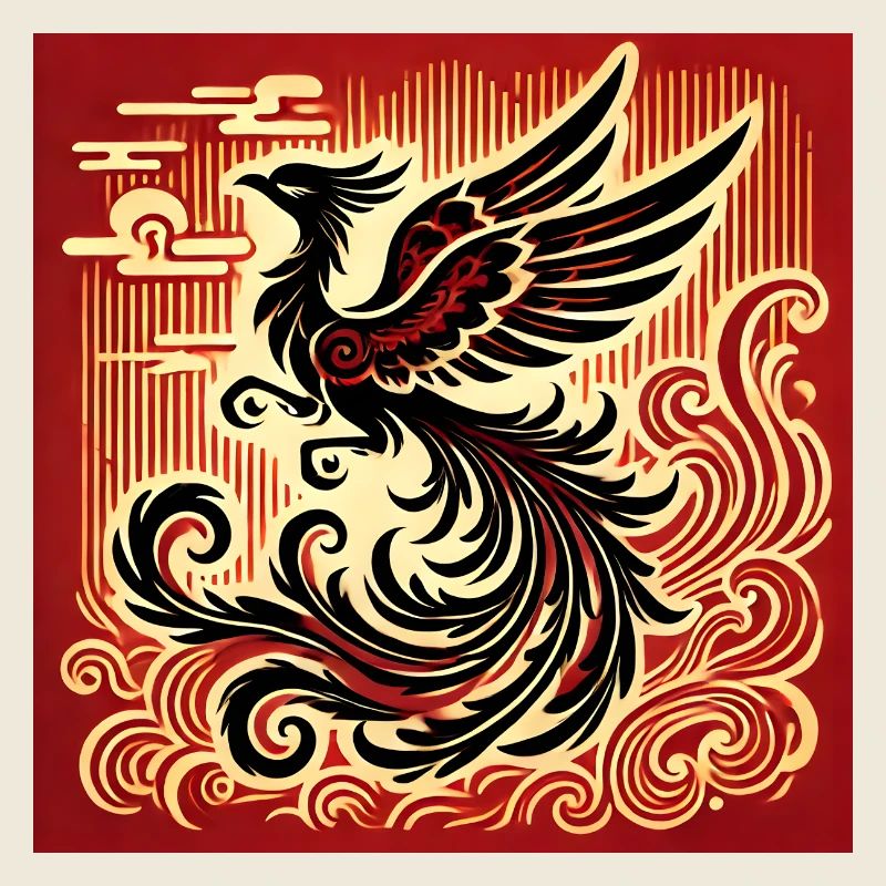 Phénix noir sur fond rouge et or