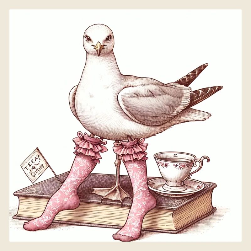 Chic seagull lady having tea with book