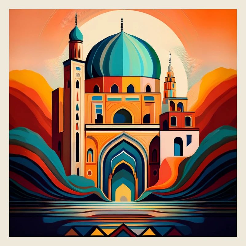 Artistic Mosque Under Sunset: Bold Islamic Design