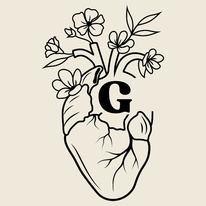 Buchstabe g Herz schwarze florale Anatomie