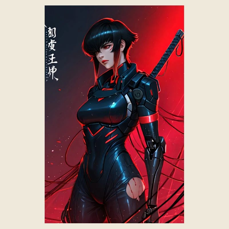 Samouraï cyberpunk câblé rouge avec Katana