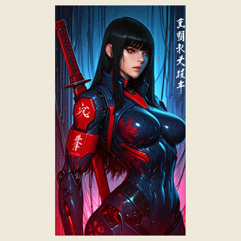 3D Sci-Fi Cyberpunk-Samurai-Kriegerin mit Katana