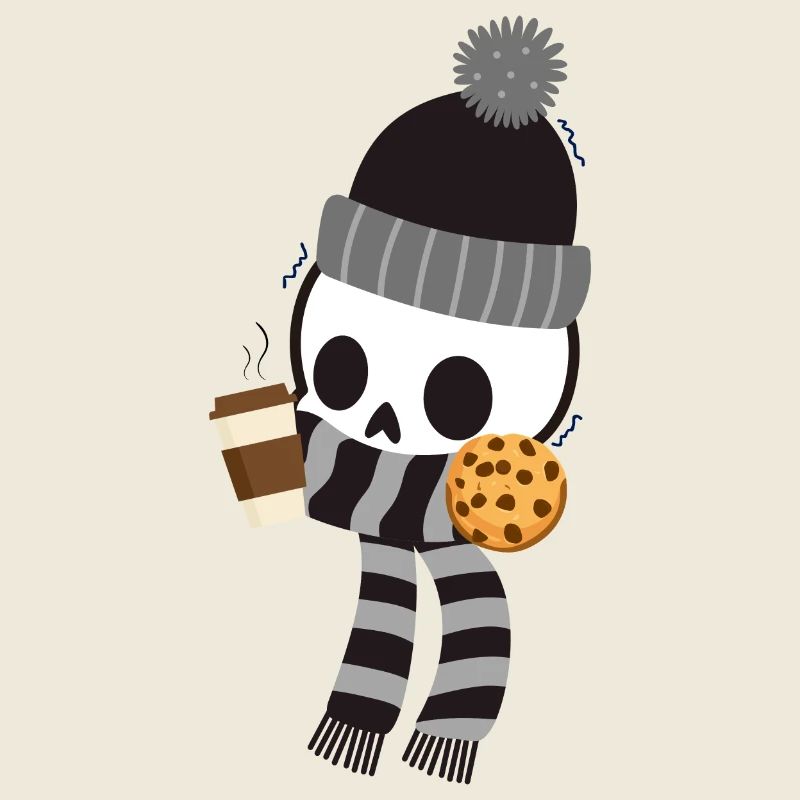 Shivering skeleton with coffee and cookie