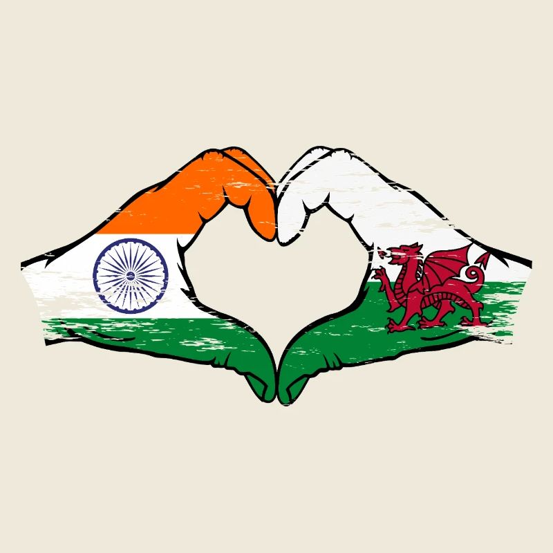 Drapeau de l’Inde Pays de Galles mains forme de coeur utilisé