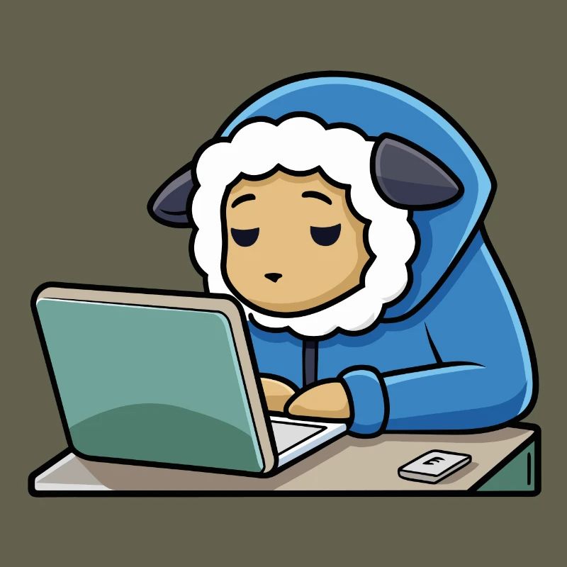 Un mignon mouton hacker dort dans un sweat à capuche devant le PC