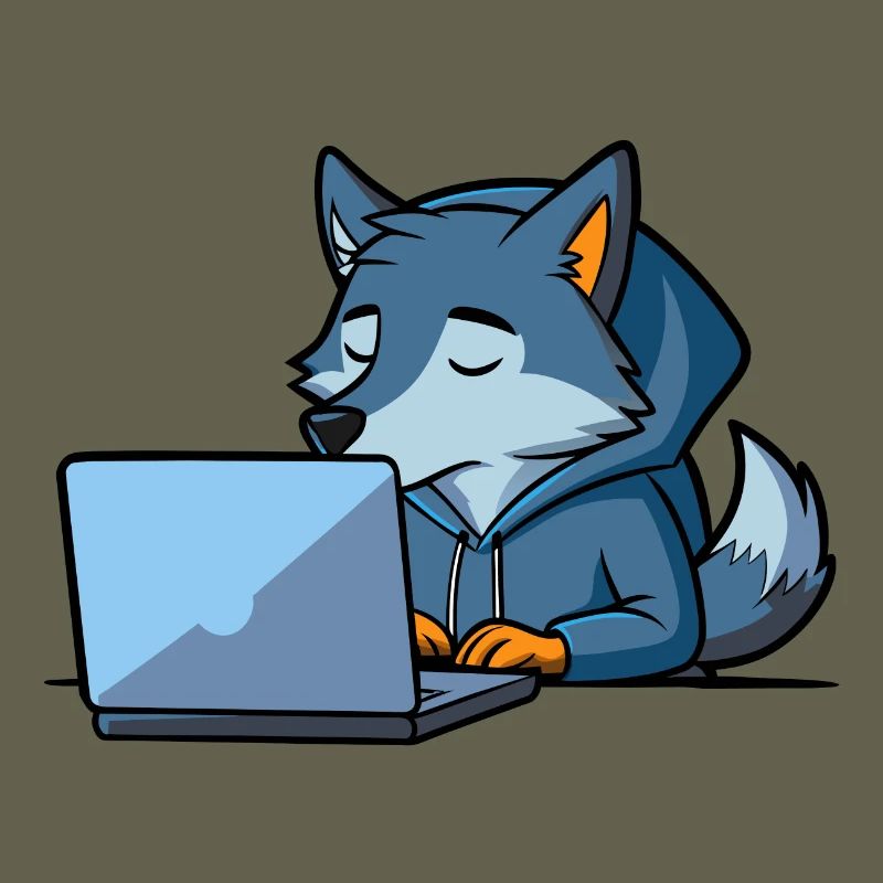 Un mignon loup hacker dort dans un sweat à capuche devant le PC