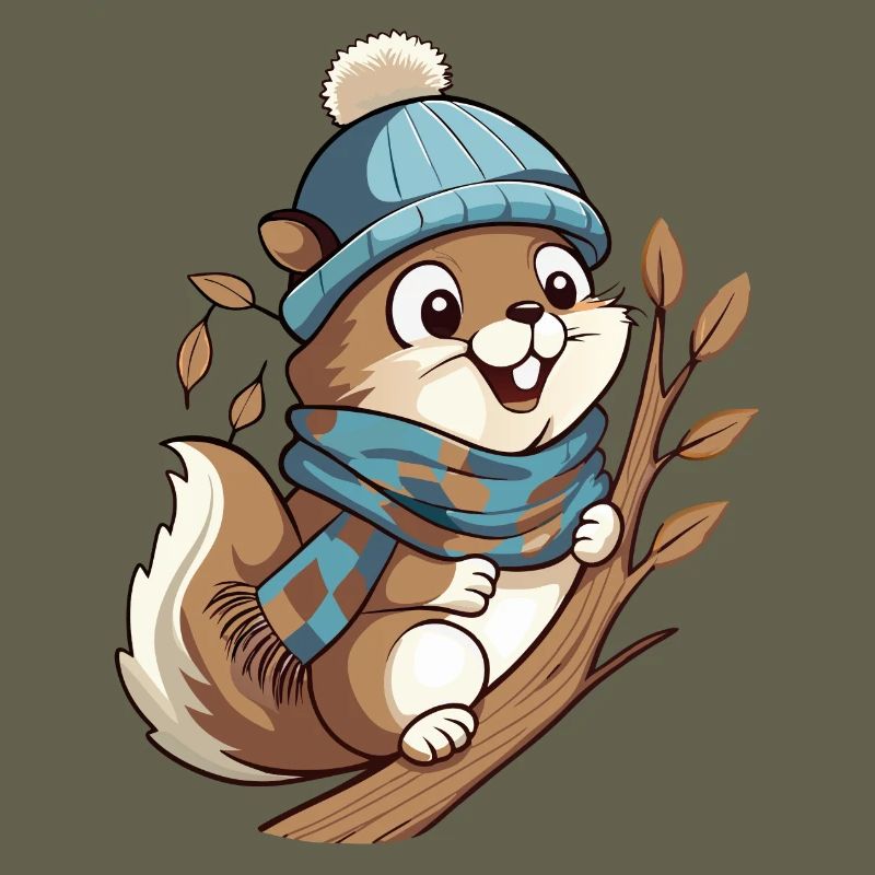 Écureuil mignon avec écharpe et chapeau à pompon.