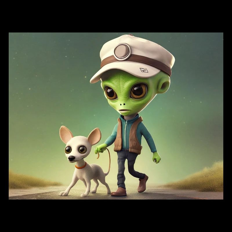 mignon petit extraterrestre rétro vert sortir le chien
