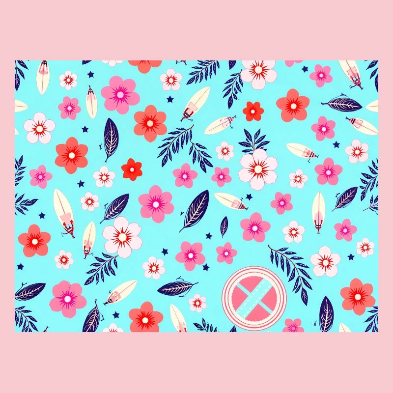 Floral pattern with surfboards on sky blue