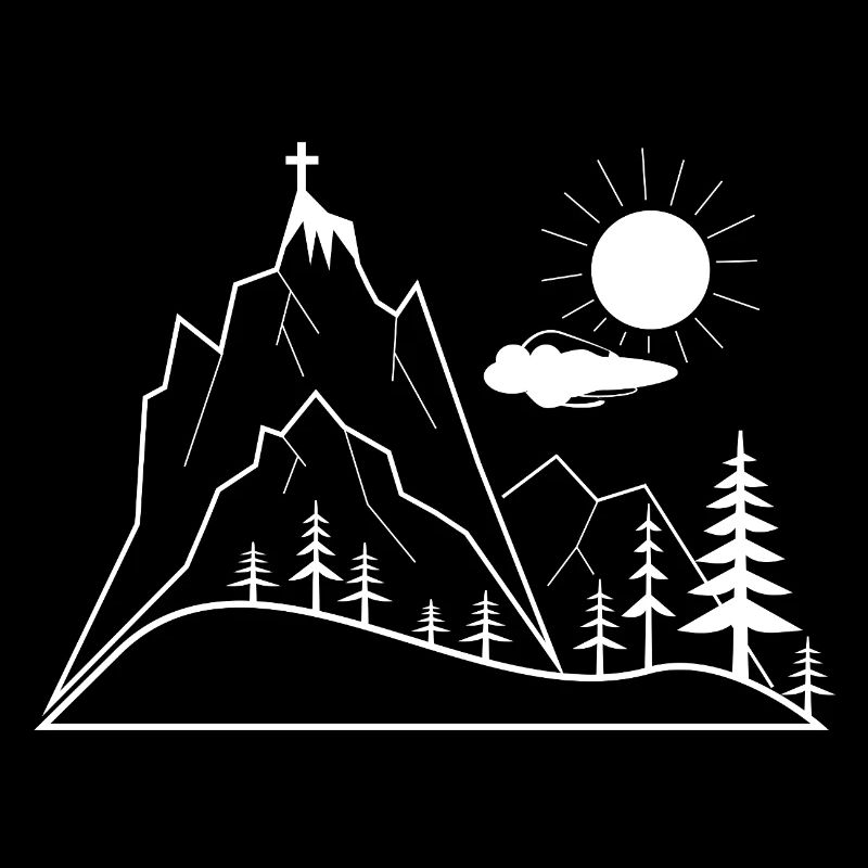 Summit cross and mountain landscape illustration