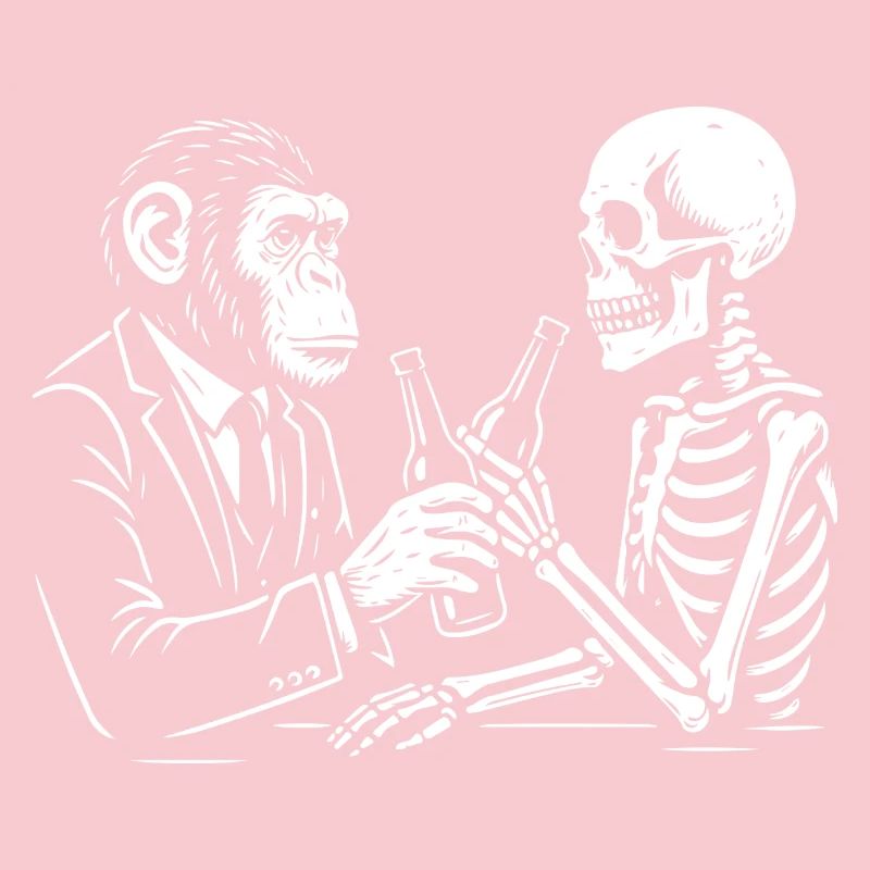 monkey and skeleton drinks beer in the pub.