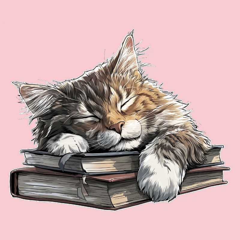 Cute Cat Sleeping on Book Pile