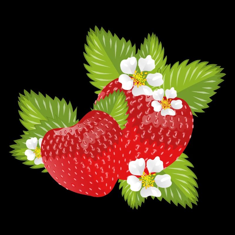Strawberries surrounded by green leaves & blossoms