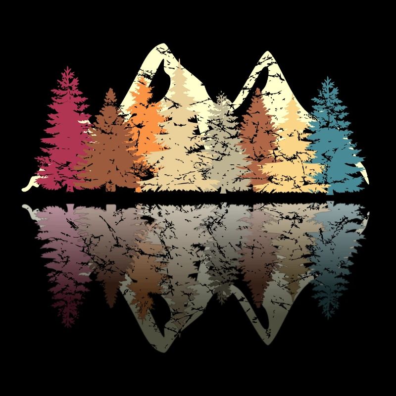Forest on the lake in grunge retro design