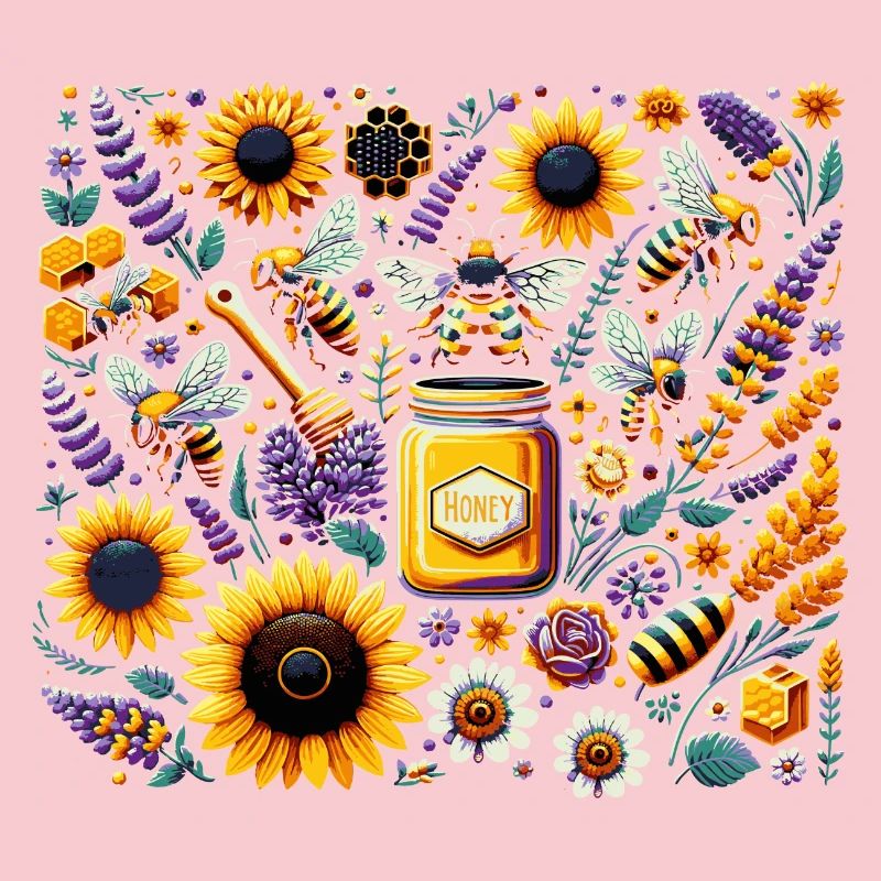 Vibrant, colorful artwork with bees