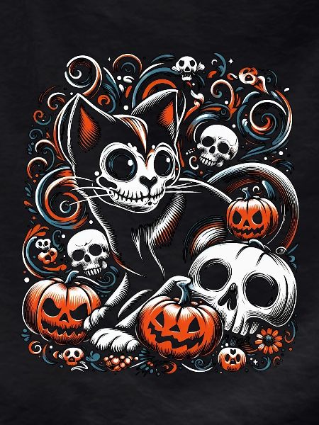 Spooky Cat with Skulls