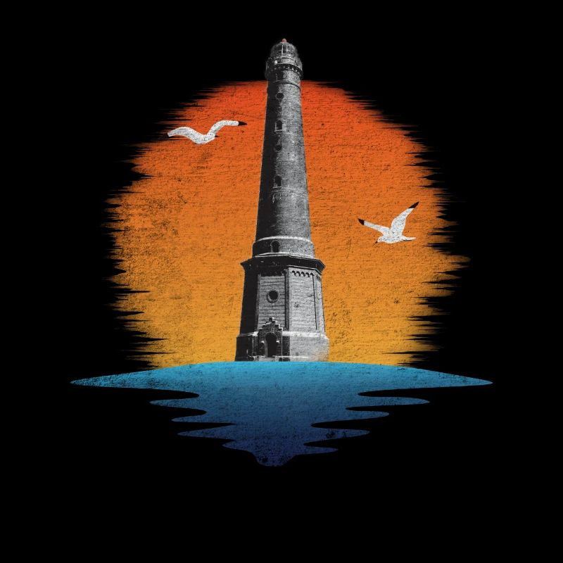 Borkum New lighthouse with sun sea and seagulls