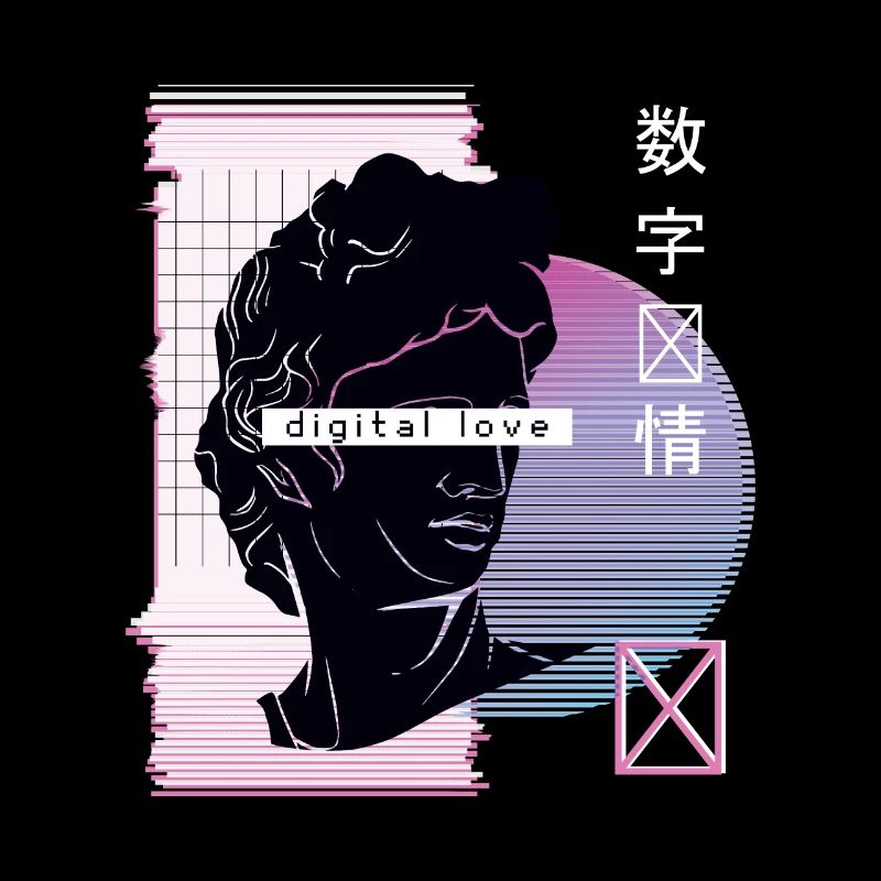 Vaporwave digitale Liebe mit japanischen Zeichen
