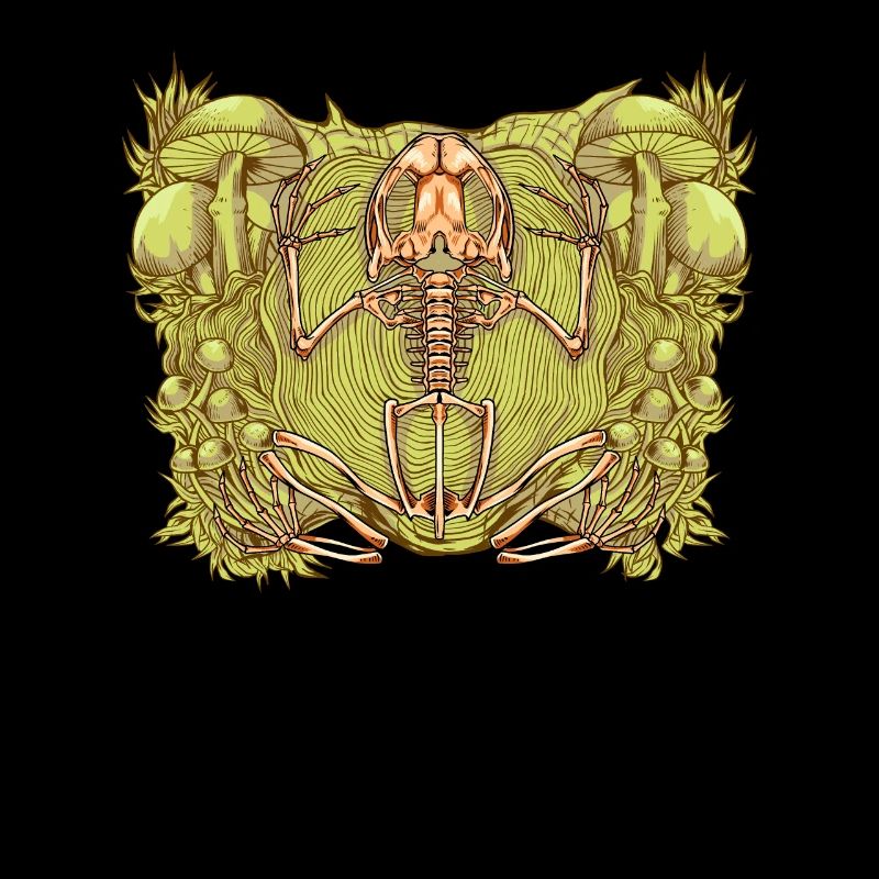 Frog skeleton between mushrooms