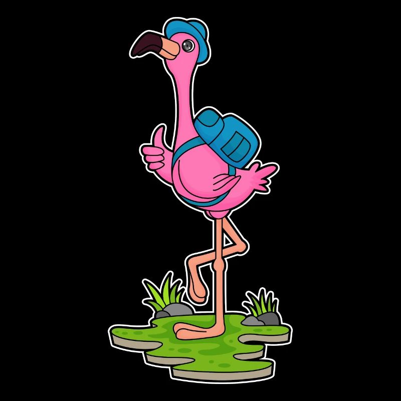 Flamingo as a hiker with backpack