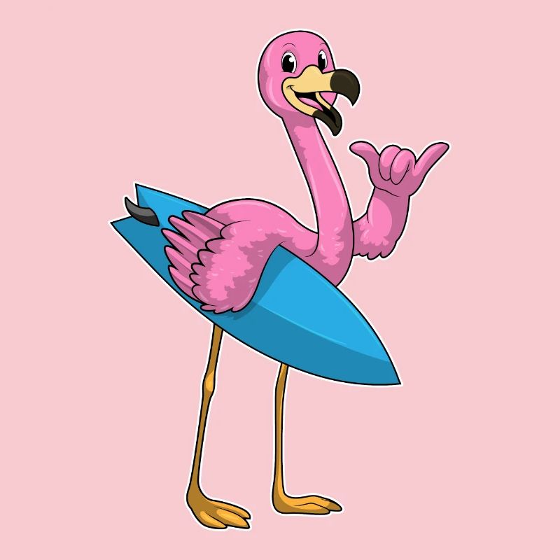 Flamingo as a surfer with surfboard