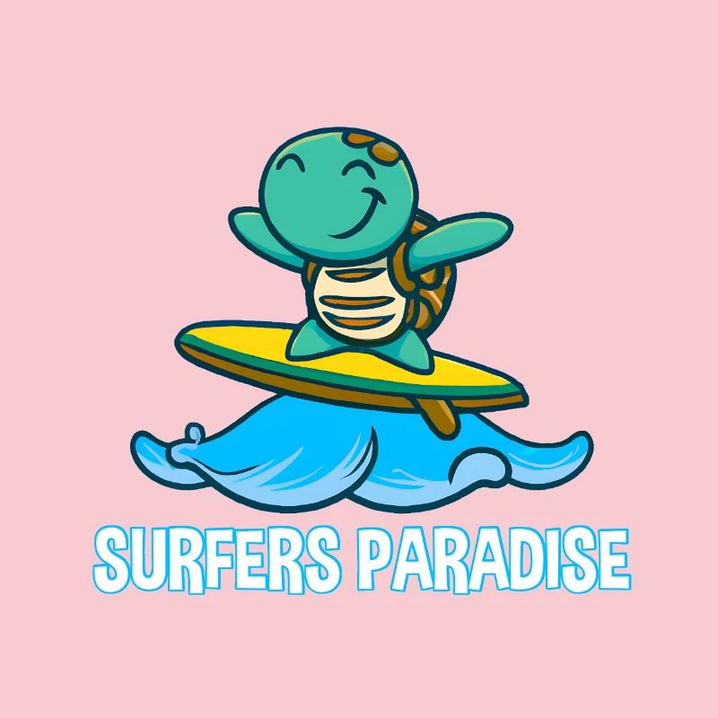 Cute kawaii turtle on surfboard with surfers