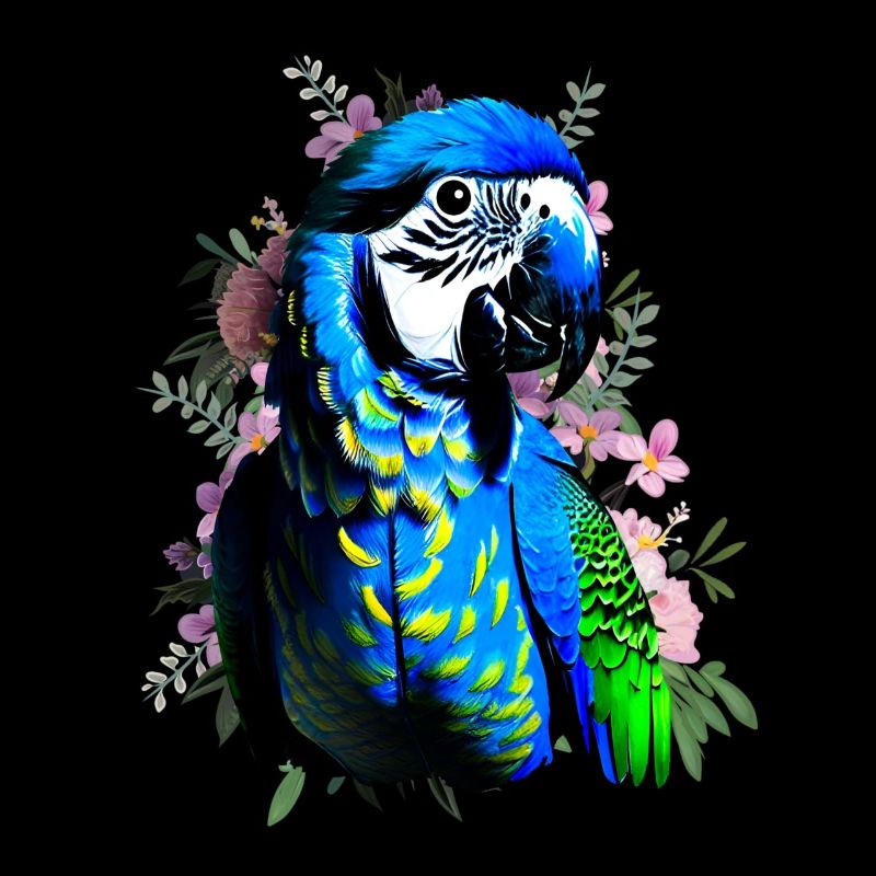 Blue macaw parrot on floral background
