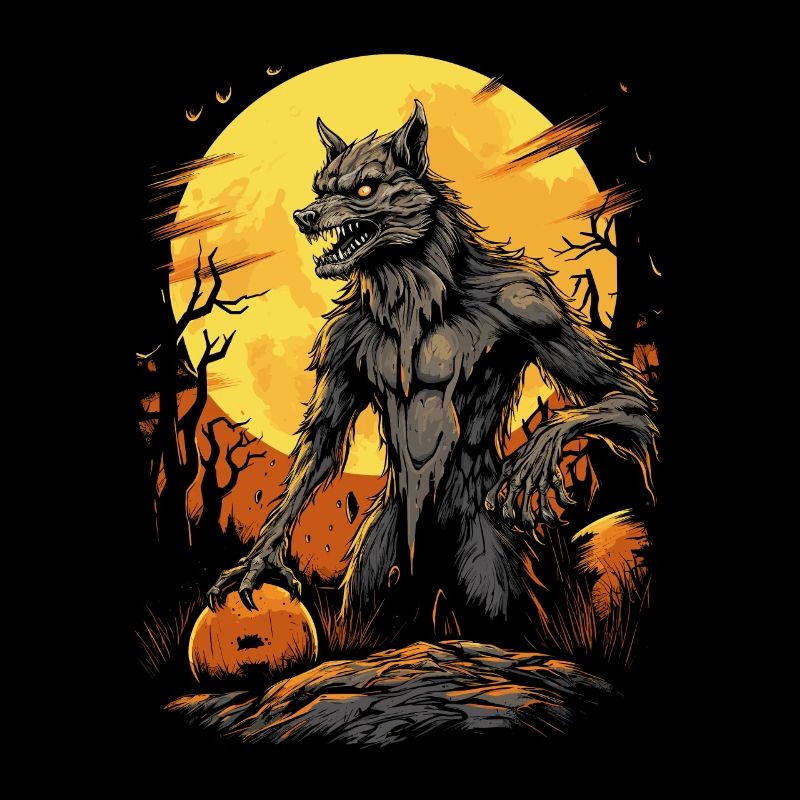 werewolf with pumpkin in front of full moon