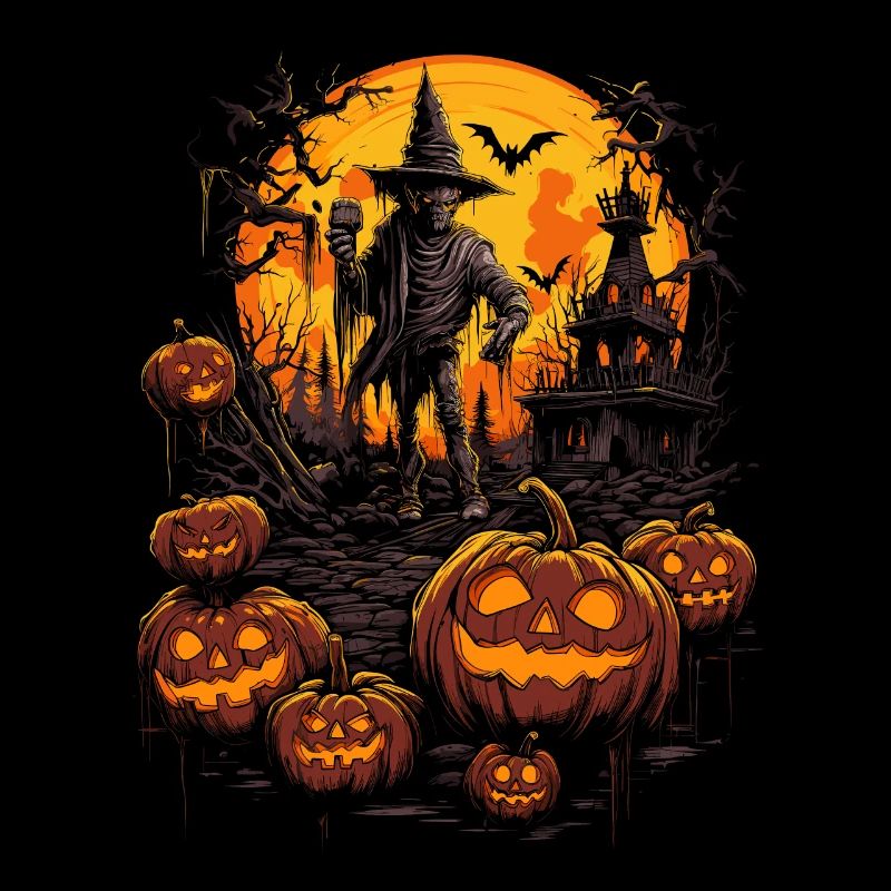 Scary witch figure with glowing pumpkins