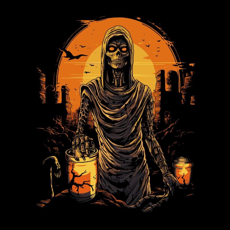 Skeleton mummy with glowing eyes and lanterns