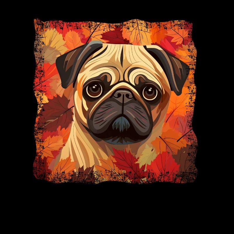 Herbstlicher Mops: Buntes Laub und Blätter im Grun