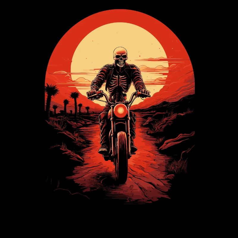 Skeleton on motorcycle in gloomy sunset