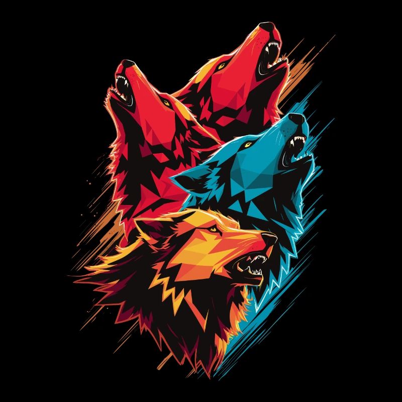 Colorful wolf head motif – Four howling wolves