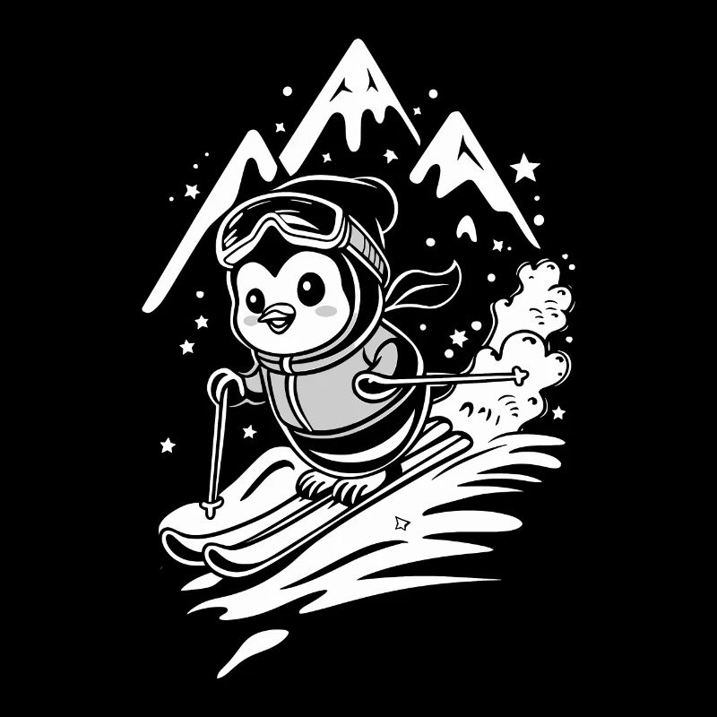 Pingouin skiant devant un paysage de montagne
